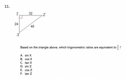 Based on the triangle above, which trigonometric ratios are equivalent to 4 over 5
