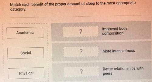 Match each benefit of the proper amount of sleep to the most appropriate

category
Academic
?
Impr