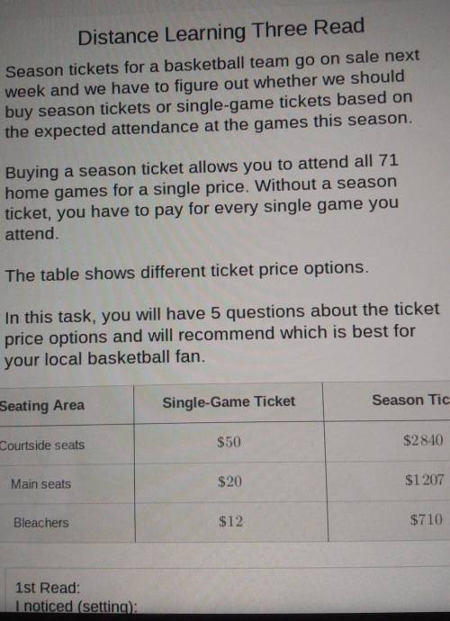 Distance Learning Three Read: Season tickets for a basketball team go on sale next week and we have