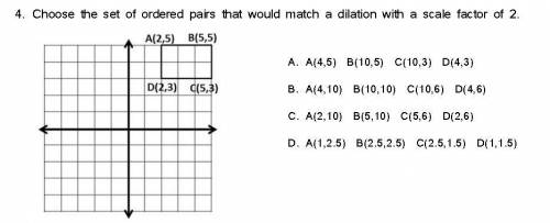 DUE SOON HELP PLEASE

Choose the set of ordered pairs that would match a dilation with a scale fac