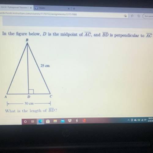 In the figure below, D is the midpoint of AC, and BD is perpendicular to AC.

What is the length o