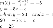 m(b) =  \frac{20 - 15}{1 - 2}  =  - 5 \\ y =  - 5x + c \\ when \: y = 20 \:  \:  \:  \:  \: and \: x = 1 \\ 20 =  - 5 \times 1 = c \\ c = 25