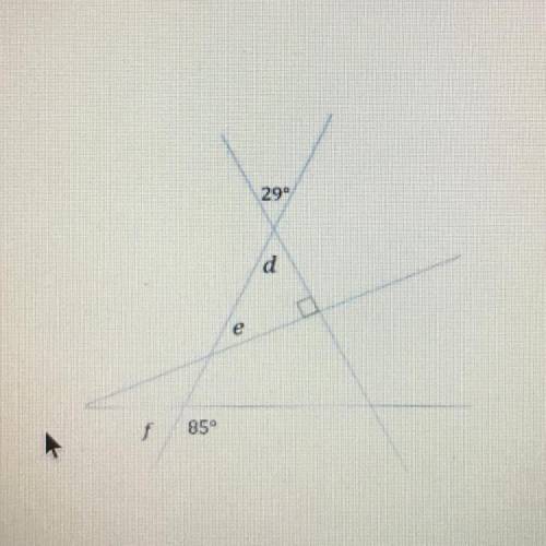 Question 1 (10 points)

 
(05.05 MC)
What are the measures of Angles d, e, and f? Show your work an