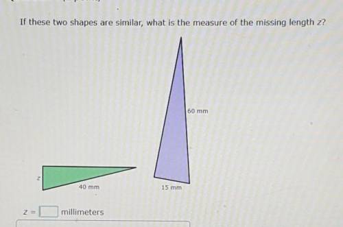 If these two shapes are similar, what is the measure of the missing length z?

z = ___ milimeters​