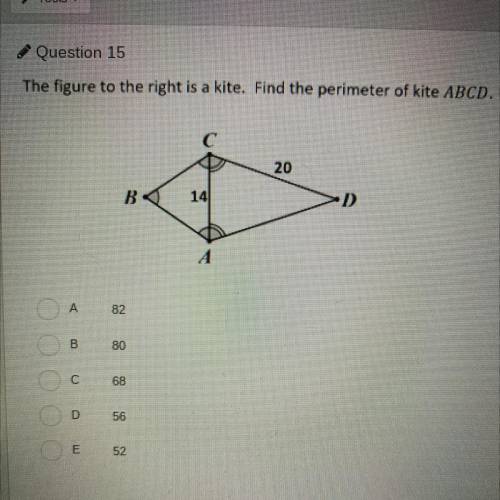 The figure to the right is a kite. Find the perimeter of kite ABCD.

A: 82
B: 80
C: 68
D: 56
E: 52