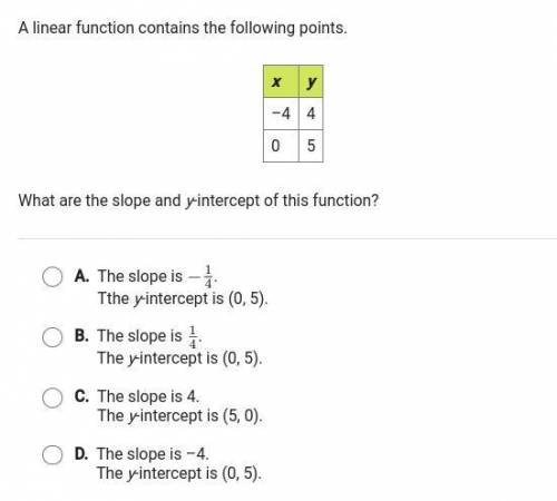 a linear function contains the following points. what are the slope and y-intercept of this functio