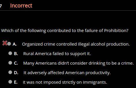 Which of the following contributed to the failure of Prohibition? HINT: It's not A.

A. Organized