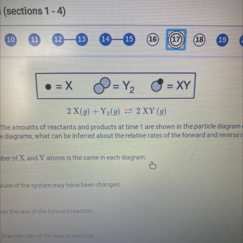 2 X(9) + Y (9) = 2XY (9)

A reversible reaction is represented by the equation above. The amounts