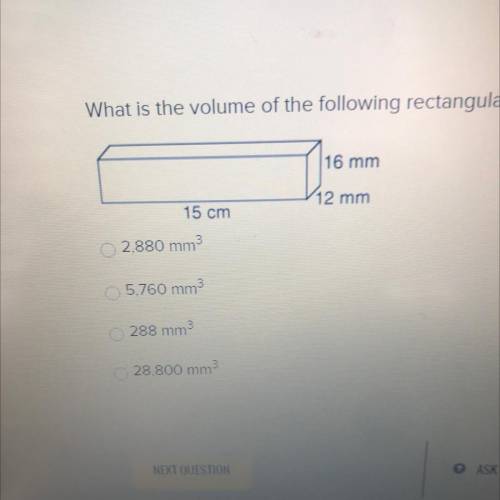 What is the volume of the following rectangular prism? Express your answer in cubic millimeters.