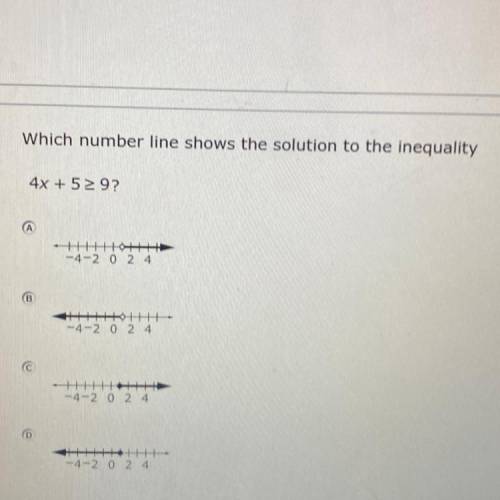 Which number line shows the solution to the inequality

4x + 52 92
- 4 2 0 2 4
(
HH
- 4-2 0 2 4
(