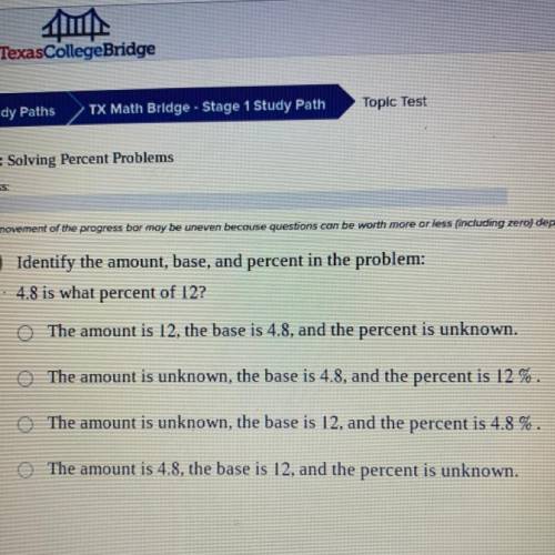 Identify the amount, base, and percent in the problem:

4.8 is what percent of 12?
The amount is 1