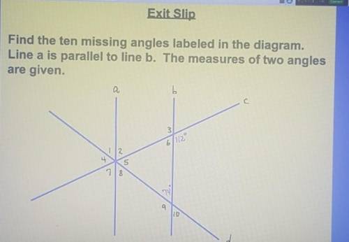 Find the ten missing angles labeled in the diagram. Line a is parallel to line b. The measures of t
