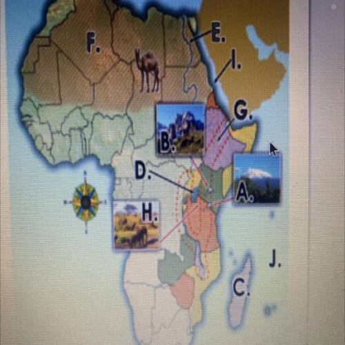 Can someone help me match the main geographic features of Eastern Africa with the letters on the ma