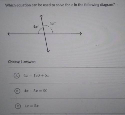 Which equation can be used to solve for x in the following diagram?

5° 4x Choose 1  4x = 1