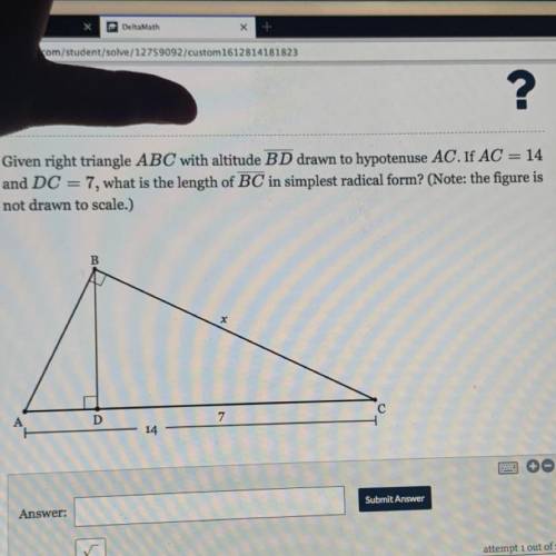 Given right triangle ABC with altitude BD drawn to hypotenuse AC. If AC=14 and DC=7, what is the le