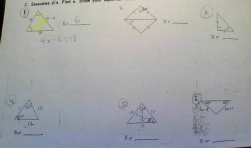 PLEASE HELP!!! Isosceles triangles Find x and show your equation to solve for x, if your stuck I ha