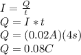 I=\frac{Q}{t} \\Q=I*t\\Q= (0.02A)(4s)\\Q= 0.08C