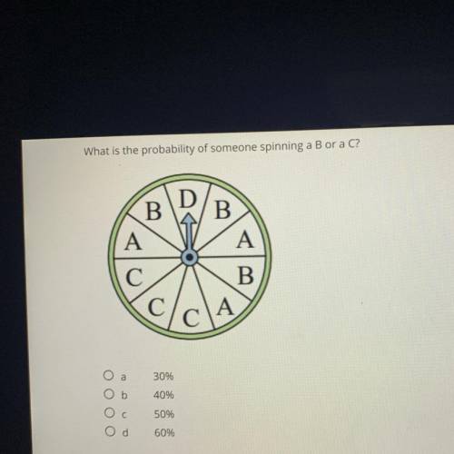 HELP ASAP!!
What is the probability of someone spinning a B or a C?