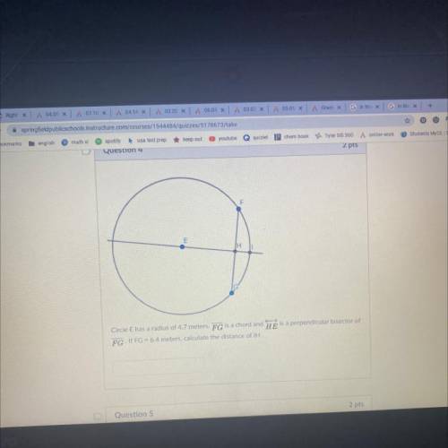 Circle E has a radius of 4.7 meters. FG is a chord and HE is a perpendicular bisector of FG. If FG