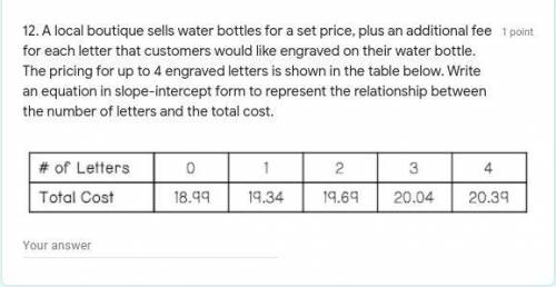A local boutique sells water bottles for a set price, plus an additional fee for each letter that c