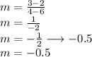 m =  \frac{3 - 2}{4 - 6}  \\ m =  \frac{1}{ - 2}  \\ m =  -  \frac{1}{2}  \longrightarrow  - 0.5 \\ m =  - 0.5