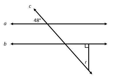 A figure is shown with parallel lines a and b. What is the measure, in degrees, of ∠r?