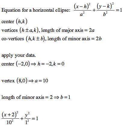 Find an equation of the ellipse that has center (-2,0), a minor axis of length 2, and a vertex at (8