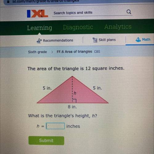 Skill plans

Math
Sixth grade
> FF.6 Area of triangles C8S
The area of the triangle is 12 squar