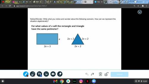 For what values of x will the rectangle and the triangle have the same perimenter?