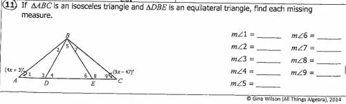 If triangle ABC is an isosceles triangle and triangle DBE is an equilateral triangle, find each mis