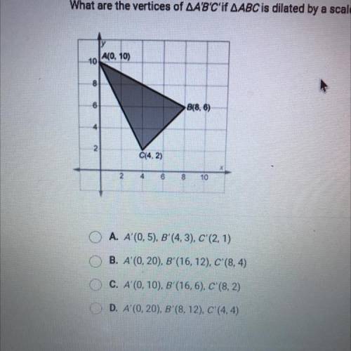 What are the vertices of AA'B'C'if AABC is dilated by a scale factor of 2?
