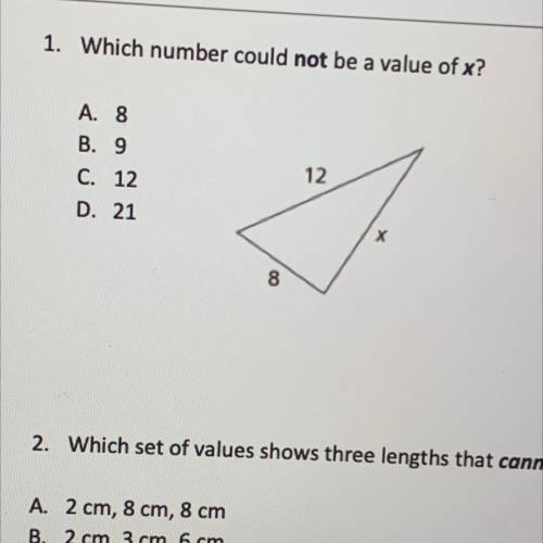 1. Which number could not be a value of x?
A. 8
B. 9
C. 12
D. 21
HELP I NEED RN!