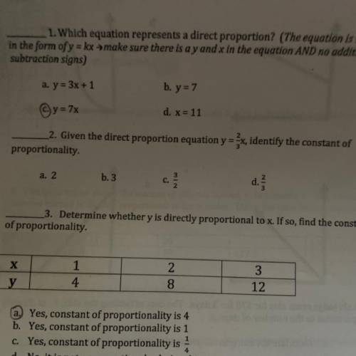 2. Given the direct proportion equation y = 2/3x, identify the constant of proportionality,

a 2
b