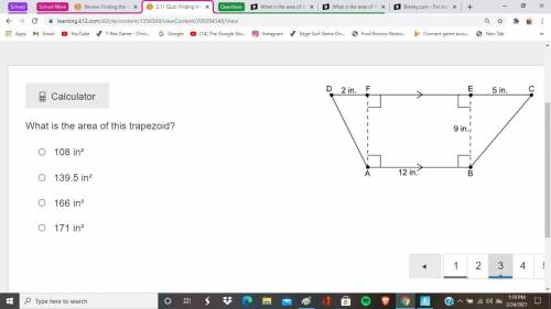 What is the area of this trapezoid?

108 in²
139.5 in²
166 in²
171 in²