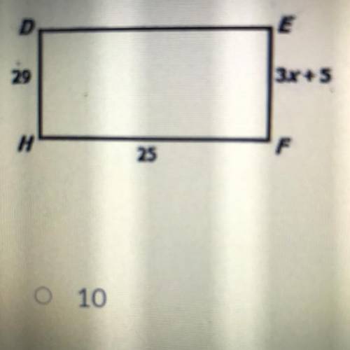 What is the value of X in rectangle DEFH

A. 10
B. 8
C. 15
D. 29