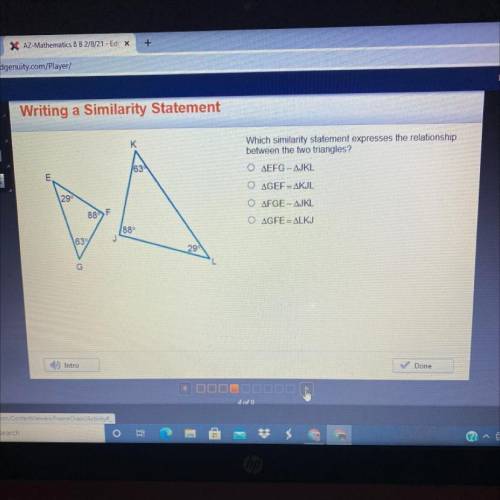 Which similarity statement expresses the relationship
between the two triangles?