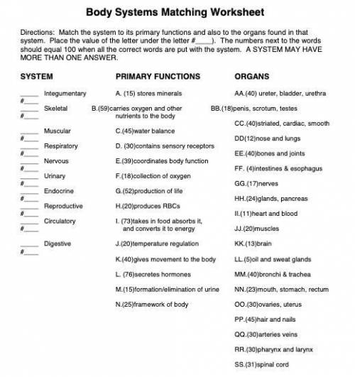 Body Systems Matching Worksheet 
PLEASE HELP WILL GIVE BRAINLIEST