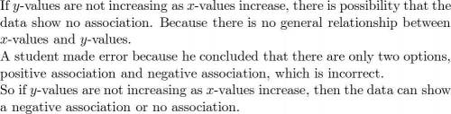 A student claims that if y-values are not increasing as x-values increase, then the data must show a