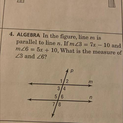 - ALGEBRA In the figure, line m is

parallel to line n. If m 23 = 7x - 10 and
m26 = 5x + 10, What
