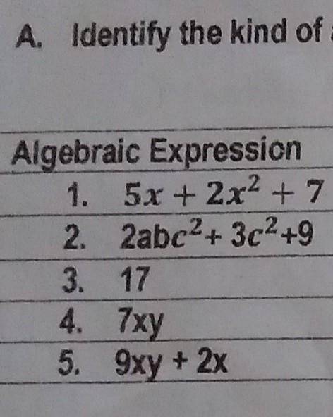 Identify the kind of algebraic expression and determine the degree, variable and constant.

Please