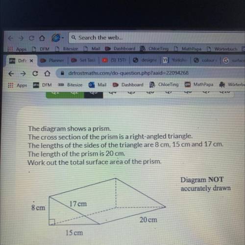 The diagram shows a prism.

The cross section of the prism is a right-angled triangle.
The lengths