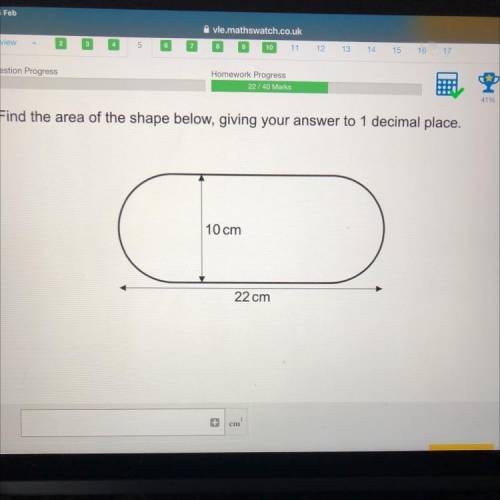 Find the area of the shape below, giving your answer to 1 decimal place.
CA
10 cm
22 cm