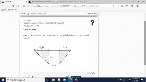 What is the total area, in square inches, of the shaded sections of the trapezoid below?