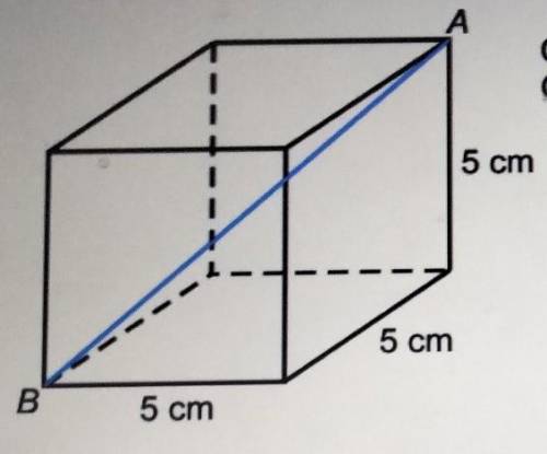 The diagram shows a 5 cm x 5 cm x 5 cm cube.

АCalculate the length of the diagonal AB.Give your a