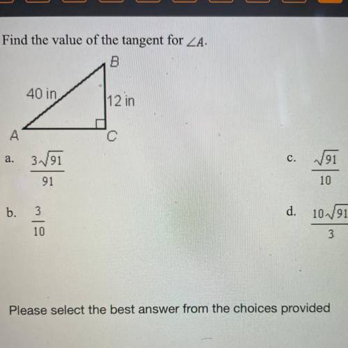 Find the value of the tangent for /_A.