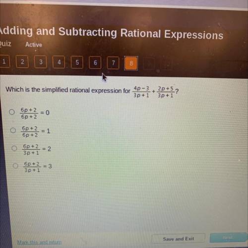Which is the simplified rational expression for 4p - 3 + 2p+5 ?

зр+1
зр+1
бр+2
бр+2
= 0
бр+2
бр +