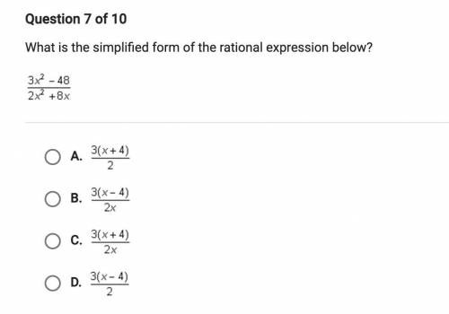 What is the simplified form of the rational expression below?
3x2 - 48 / 2x +8x