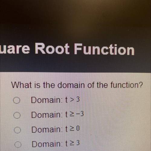 What is the domain of the function?

Domain: t > 3
Domain: t >-3
Domain t>0
Domain: t >
