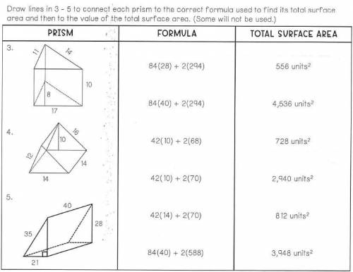 draw lines in 3-5 to connect each prism to the correct formula used to find its total surface area