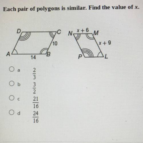 Each pair of polygons is similar. Find the value of x.